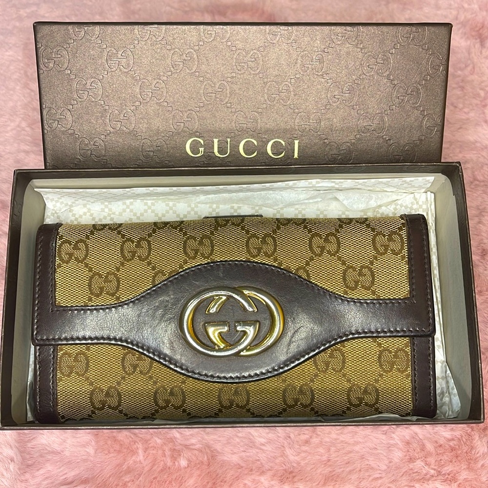 Gucci Brown GG Canvas Continental Wallet with Dark Leather Trim
